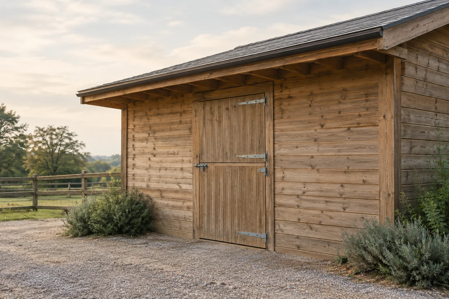 Illustrazione dell'esterno di una scuderia in legno con una porta della stalla e un vialetto di ghiaia.