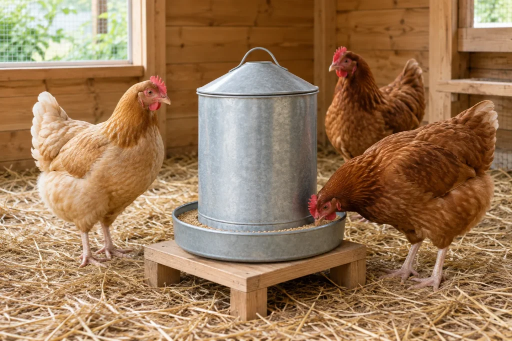 Tre galline adulte sono accanto a una mangiatoia rotonda in metallo in un pollaio con paglia; una gallina mangia dalla mangiatoia.