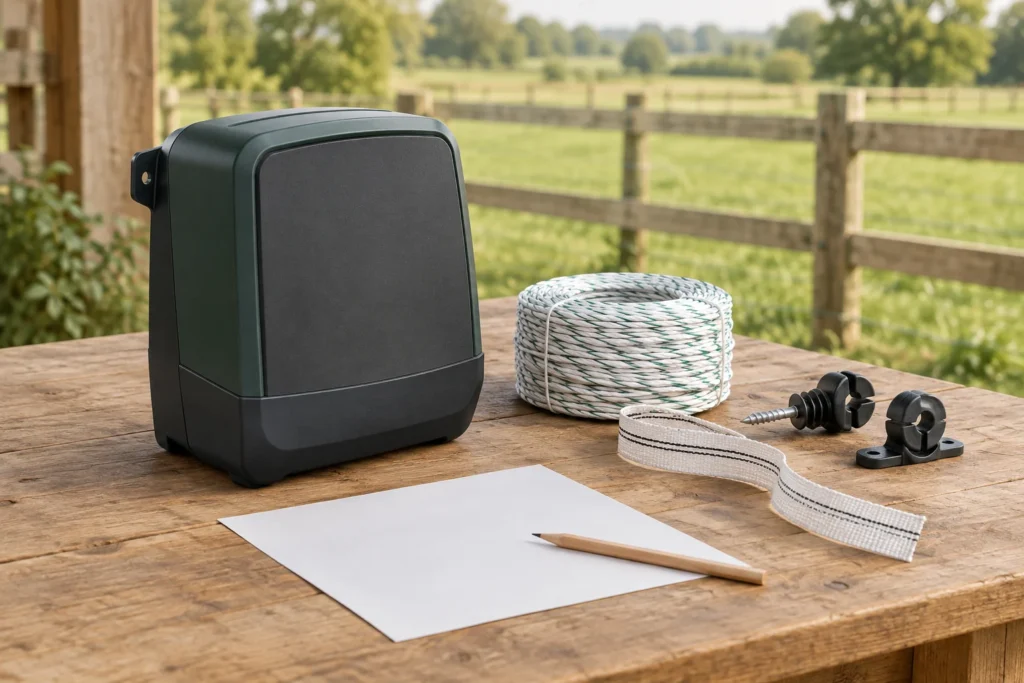 Un elettrificatore senza marchio è appoggiato su un tavolo di legno accanto a un rotolo di filo per recinzioni elettriche, nastro per recinzioni, isolatori, un foglio di carta bianco e una matita. Sullo sfondo c'è una recinzione di legno.