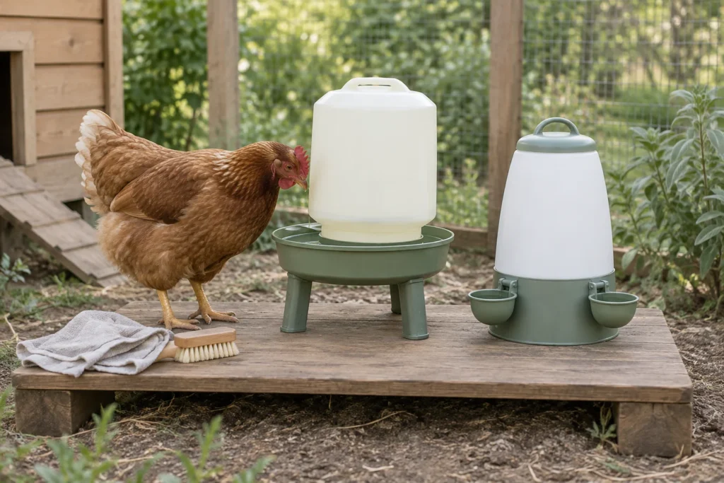 Gallina marrone accanto a due diversi abbeveratoi per polli, con un panno e una spazzola su una pedana di legno.