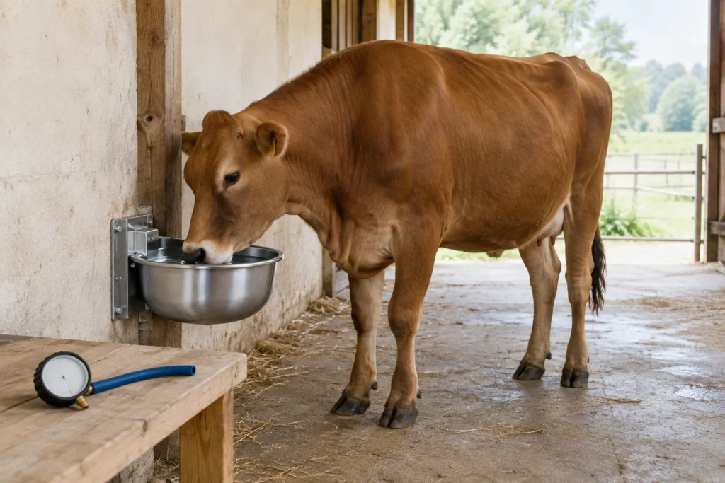 Una mucca marrone beve da un abbeveratoio metallico fissato alla parete della stalla. Su un tavolo di legno ci sono un manometro non montato e un breve tratto di tubo flessibile.