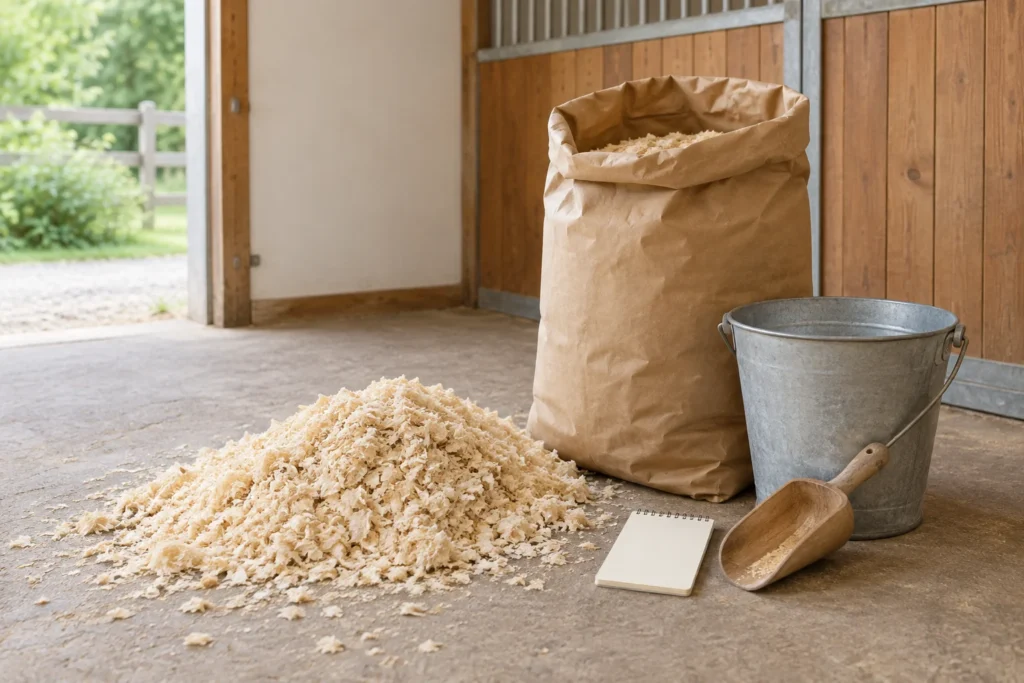 Un sacco di carta aperto con trucioli di legno accanto a un mucchio di trucioli, un secchio, una paletta di legno e un blocco per appunti vuoto in una stalla.
