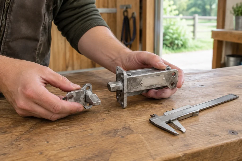 Due mani tengono affiancati due componenti metallici di un chiavistello sopra un banco da lavoro in legno, con un calibro accanto.