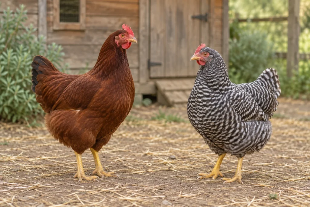 Due galline si trovano in un cortile davanti a un pollaio di legno: a sinistra una gallina bruno rossastra e a destra una gallina a strisce bianche e nere.