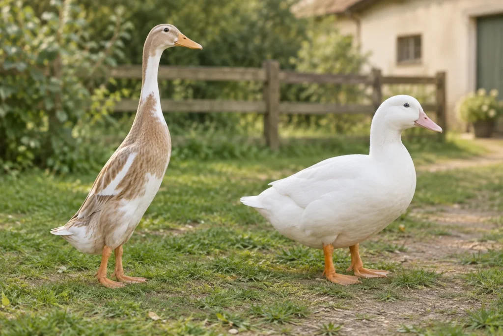 Un'anatra snella, eretta, marrone e bianca e un'anatra bianca più grande con il becco rosa chiaro stanno una accanto all'altra in un cortile.