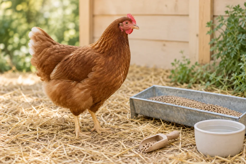 Gallina marrone sulla paglia accanto a una mangiatoia con pellet, una paletta di legno e un abbeveratoio.