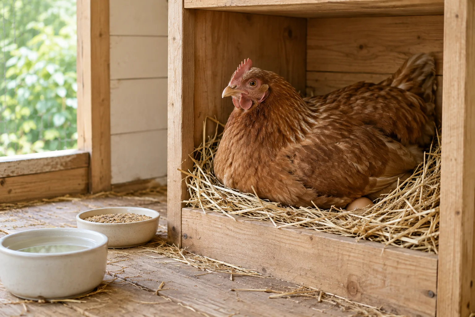 Gallina marrone in un nido di paglia all'interno di un pollaio in legno, con un uovo sul bordo del nido e contenitori per acqua e mangime davanti.