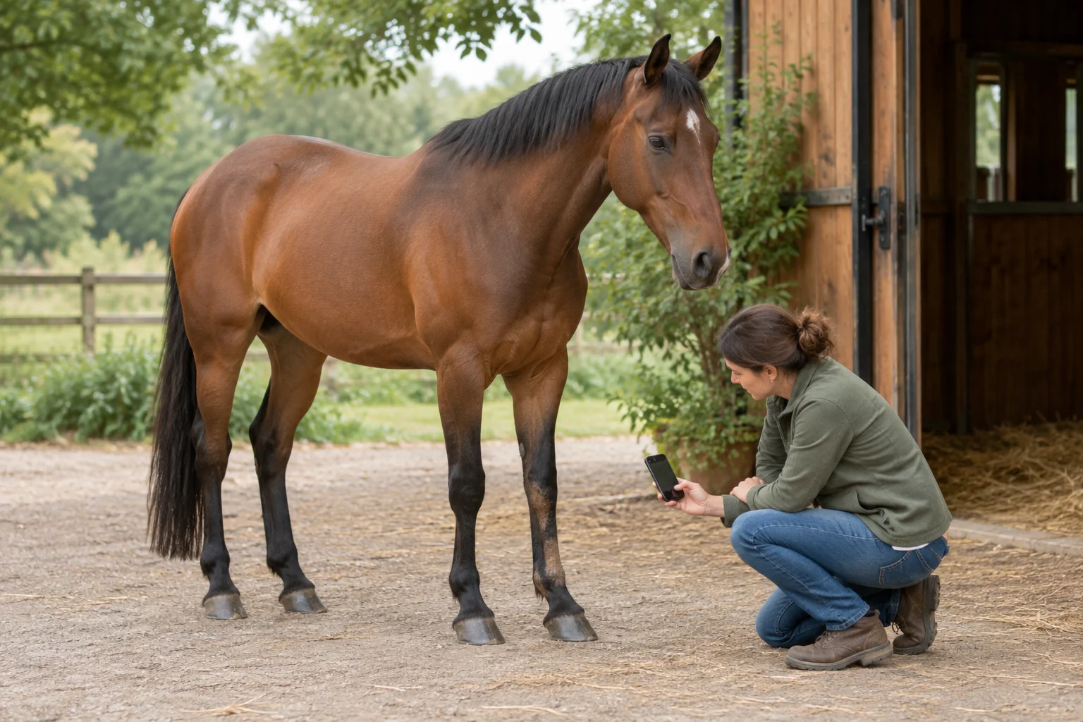 Un cavallo baio è vicino a una stalla mentre una persona accovacciata guarda una gamba anteriore e tiene in mano un telefono.