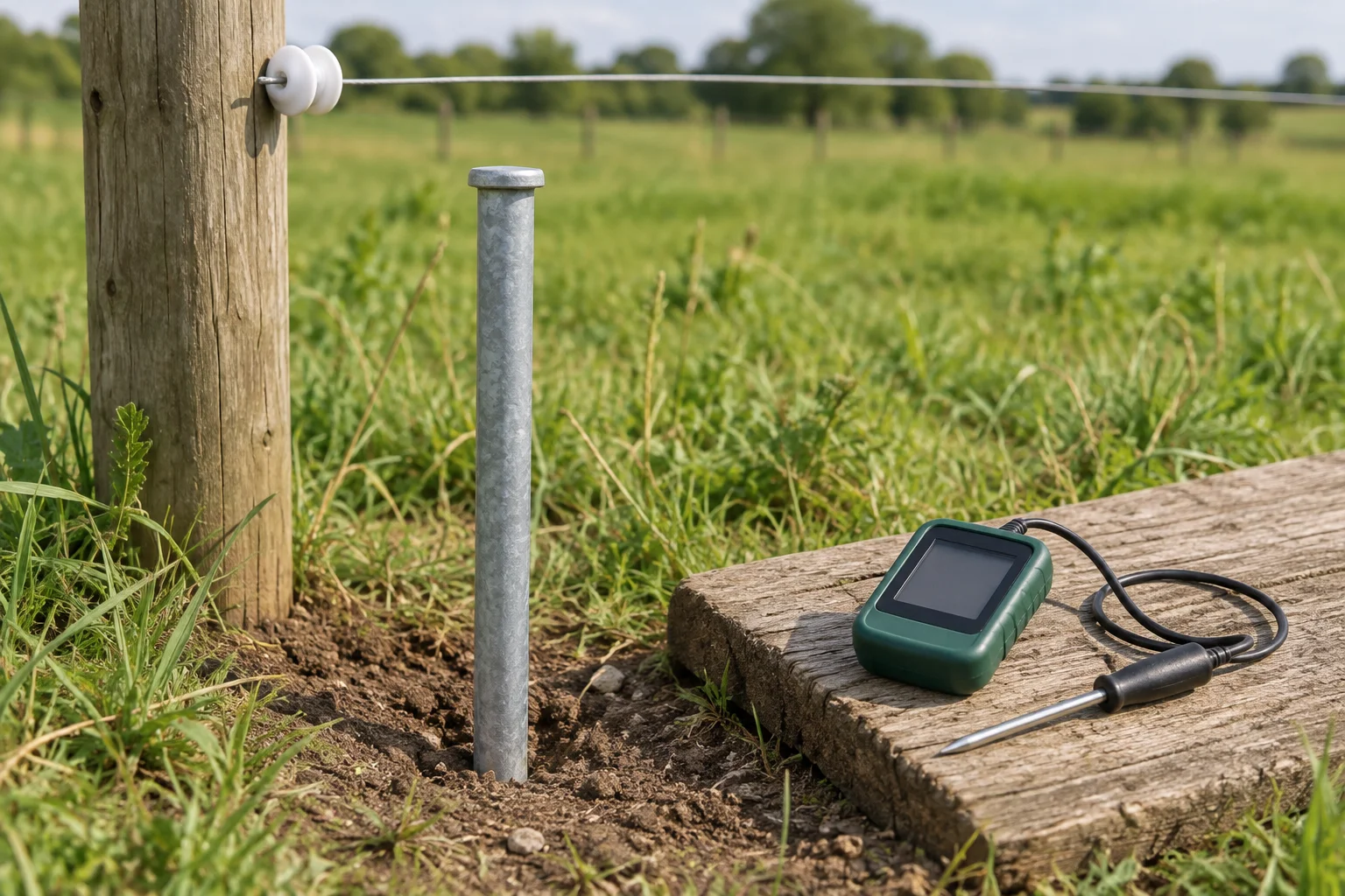 Picchetto di terra metallico nel terreno accanto a un palo di legno del recinto; uno strumento di misura con lo schermo scuro e una sonda separata sono appoggiati su un'asse.